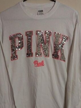 PINK Victoria's Secret  White Sequin Logo Long-Sleeve Tee